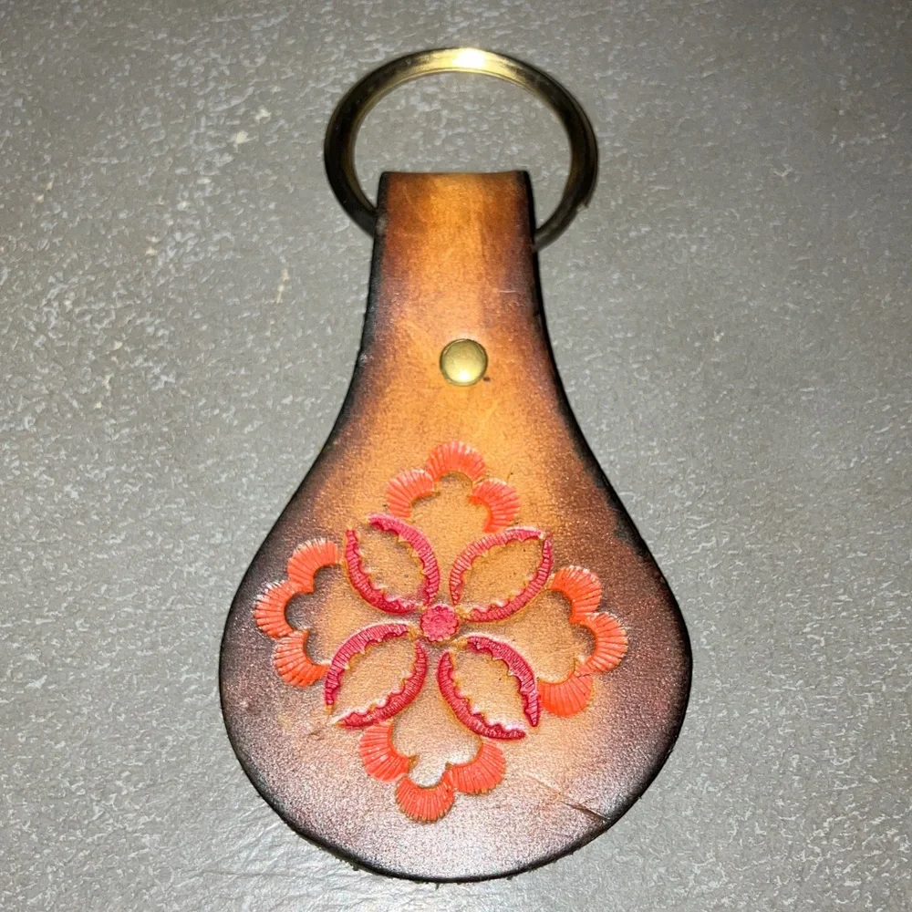 Artisan Brown Leather Key Chain Holder with Hand Tooled Floral Accent 2 1/2 inch